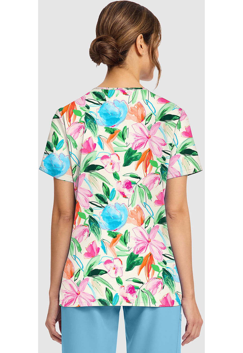 Genuine CK856 Women's Print V-Neck Scrub Top Painterly Floral