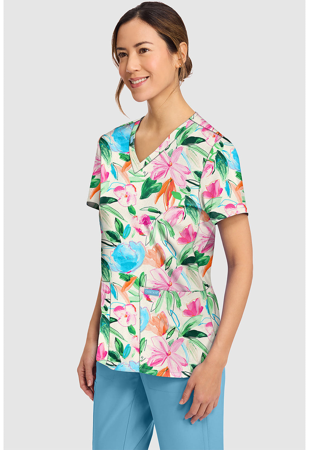 Genuine CK856 Women's Print V-Neck Scrub Top Painterly Floral