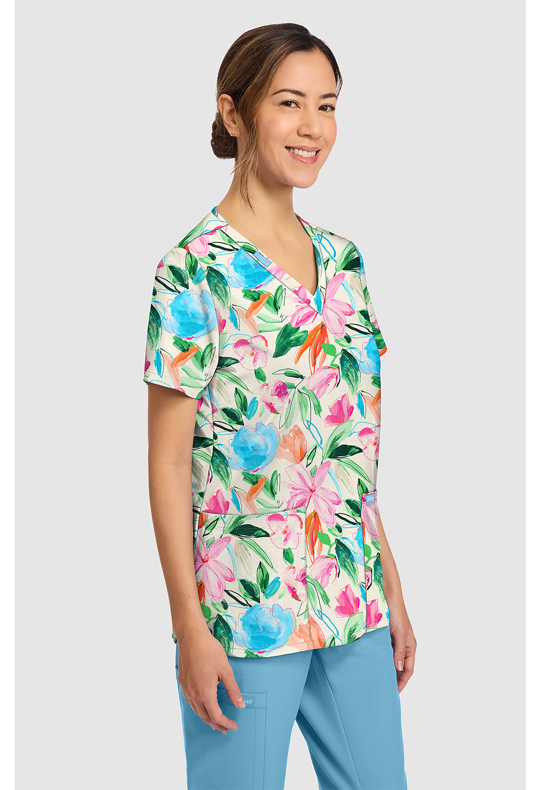 Genuine CK856 Women's Print V-Neck Scrub Top Painterly Floral