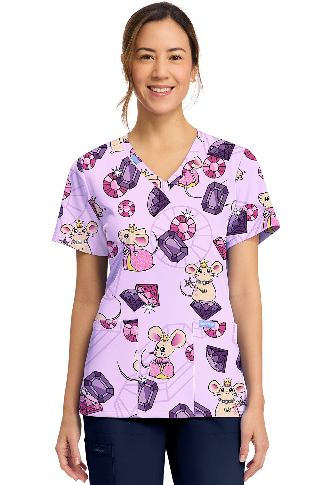 Cherokee Prints CK856 Women's Print V-Neck Top Princess Mouse