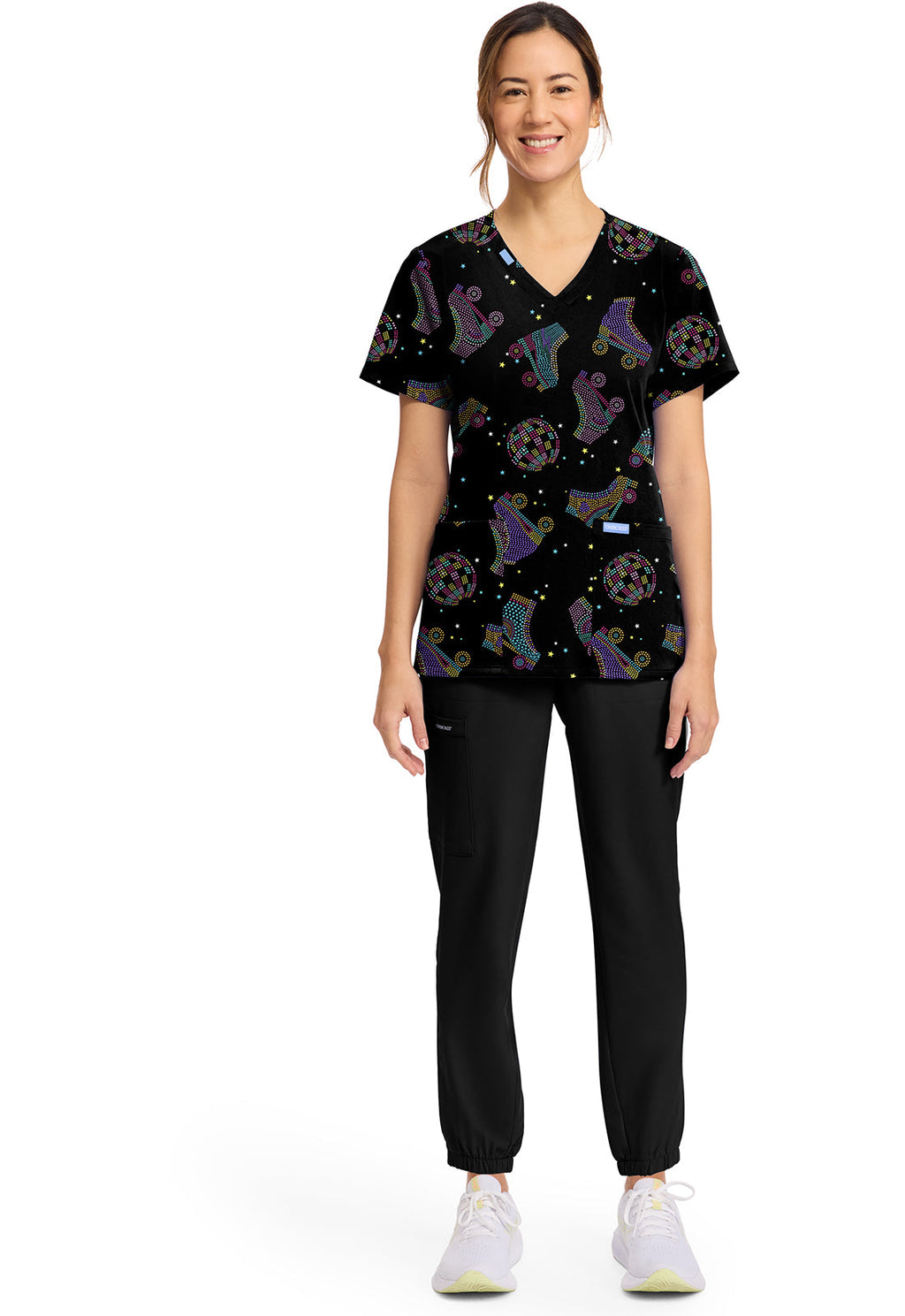 Cherokee Prints CK856 Women's Print V-Neck Top Roller Disco