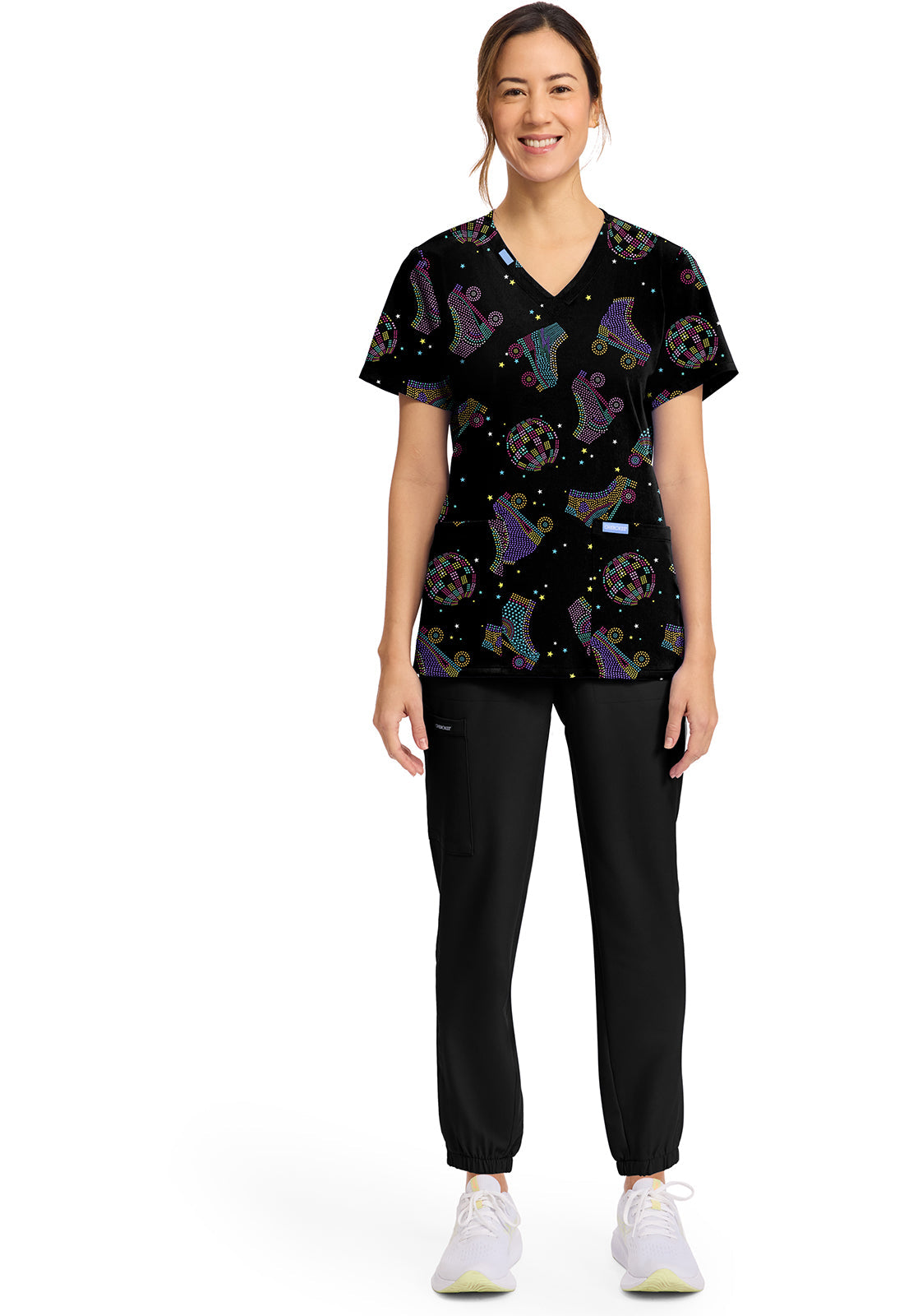 Cherokee Prints CK856 Women's Print V-Neck Top Roller Disco