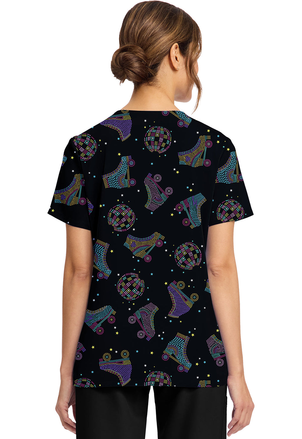 Cherokee Prints CK856 Women's Print V-Neck Top Roller Disco