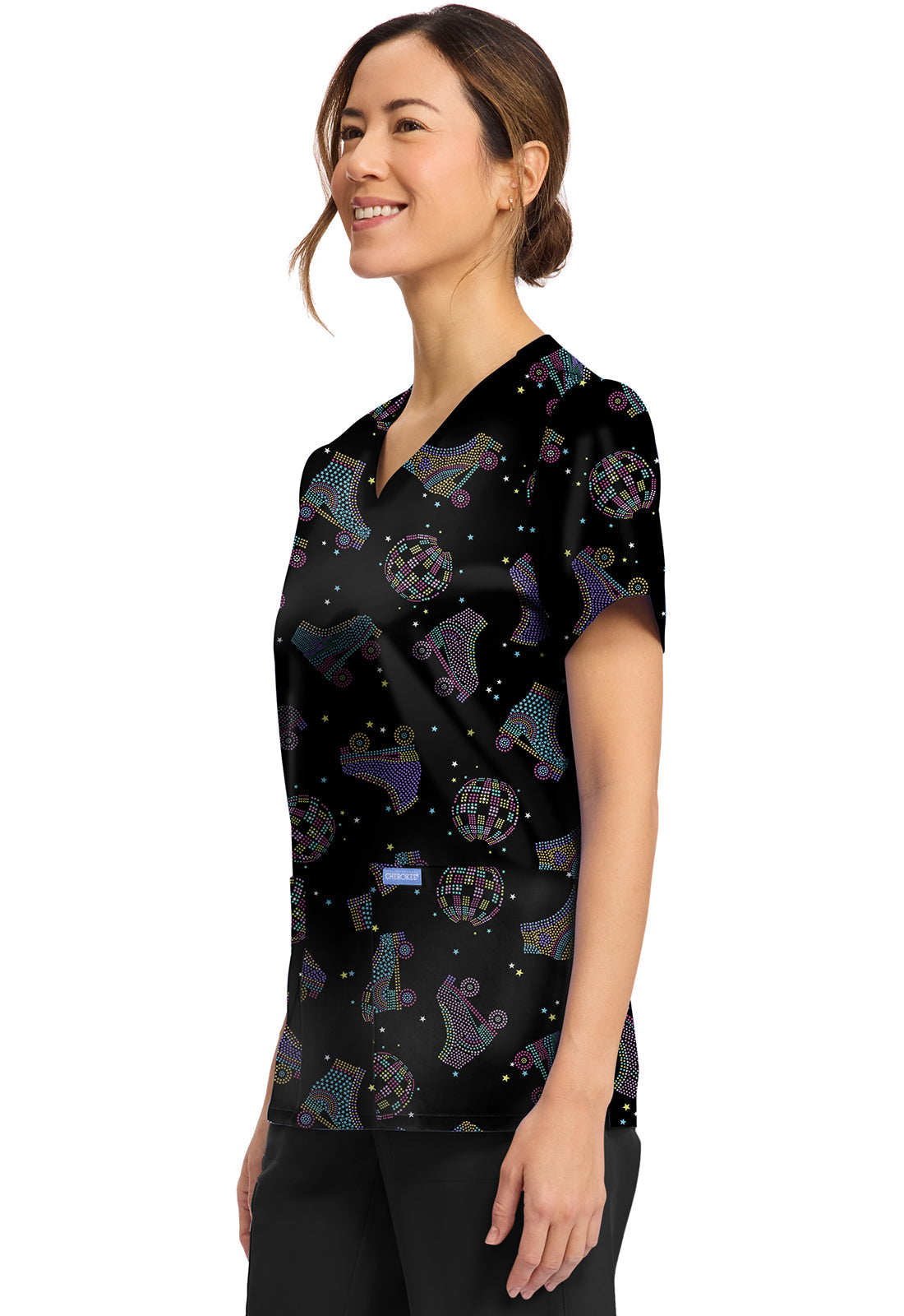 Cherokee Prints CK856 Women's Print V-Neck Top Roller Disco