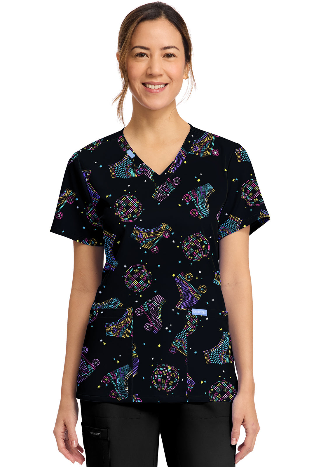 Cherokee Prints CK856 Women's Print V-Neck Top Roller Disco