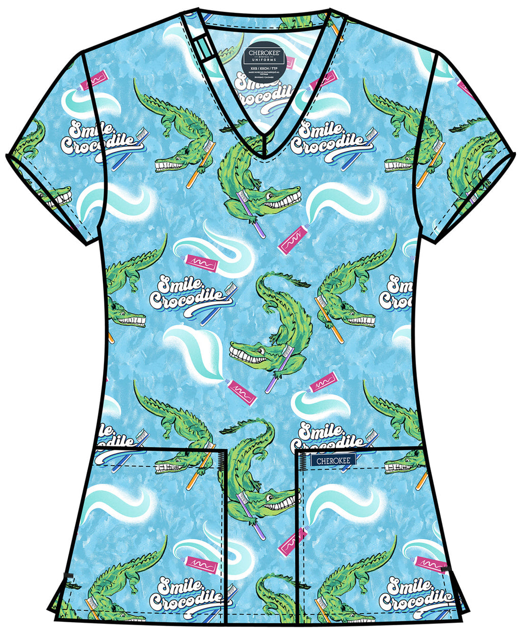 Genuine CK856 Women's Print V-Neck Scrub Top Smile Crocodile