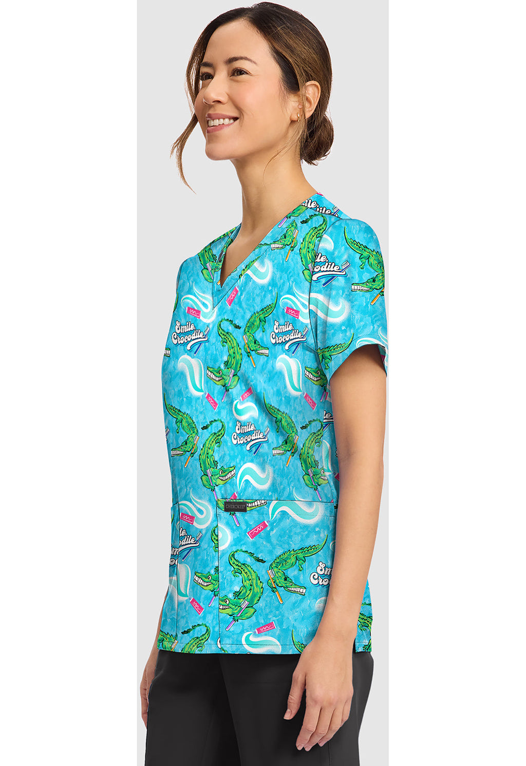 Genuine CK856 Women's Print V-Neck Scrub Top Smile Crocodile