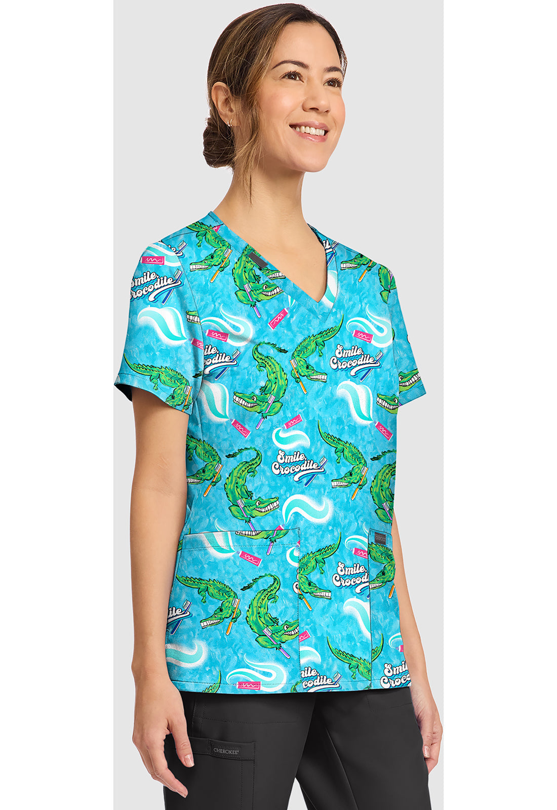 Genuine CK856 Women's Print V-Neck Scrub Top Smile Crocodile
