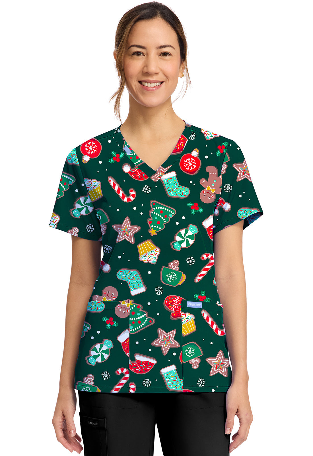 Cherokee Prints CK856 Women's Print V-Neck Top Waiting For Santa