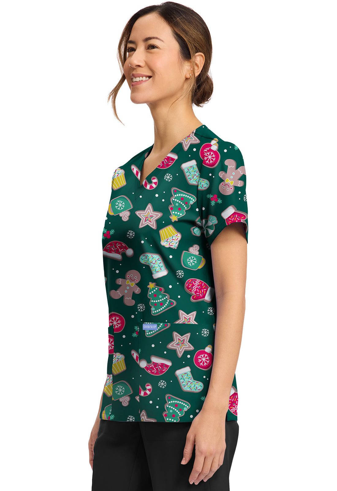 Cherokee Prints CK856 Women's Print V-Neck Top Waiting For Santa
