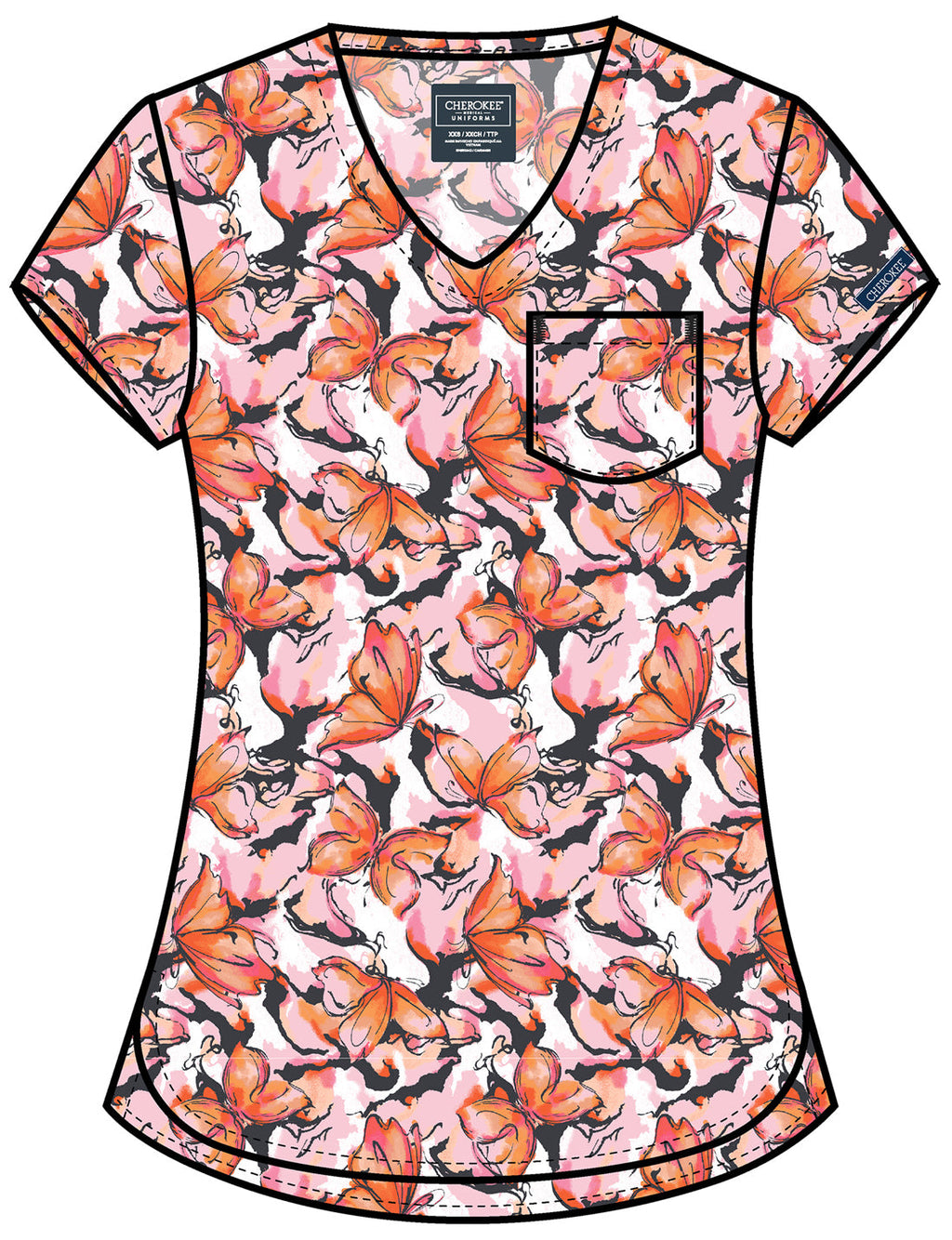 Genuine CK857 Women's High-Low V-Neck Scrub Top Active Butterfly