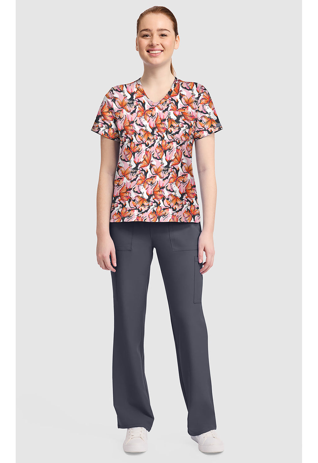 Genuine CK857 Women's High-Low V-Neck Scrub Top Active Butterfly