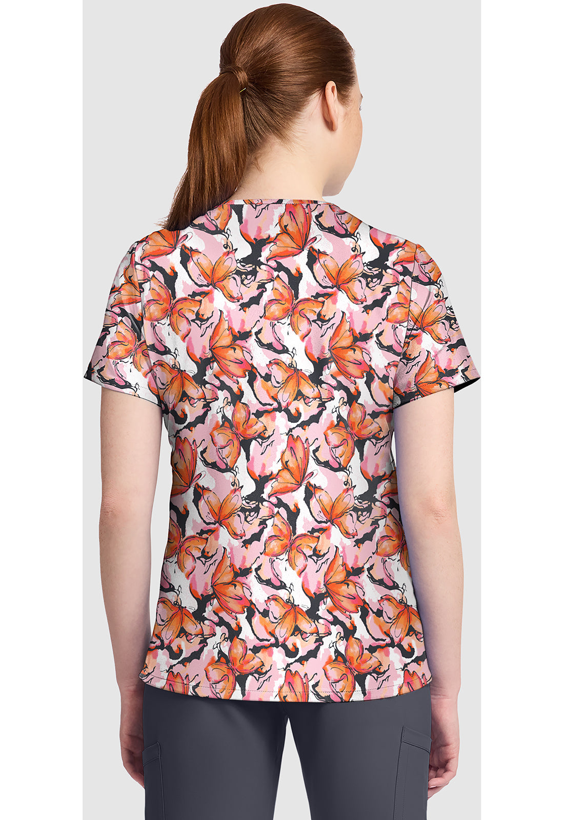 Genuine CK857 Women's High-Low V-Neck Scrub Top Active Butterfly