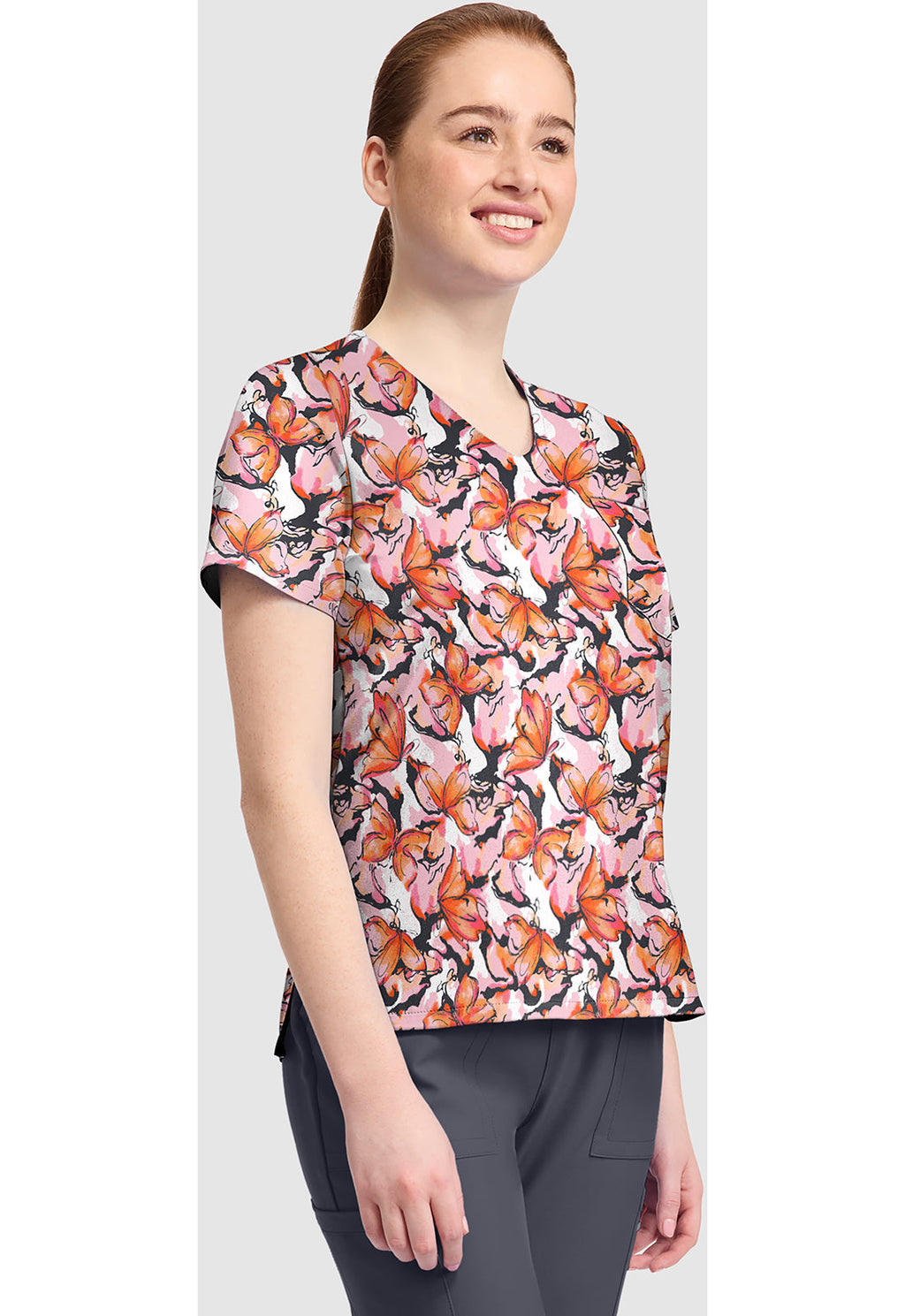 Genuine CK857 Women's High-Low V-Neck Scrub Top Active Butterfly