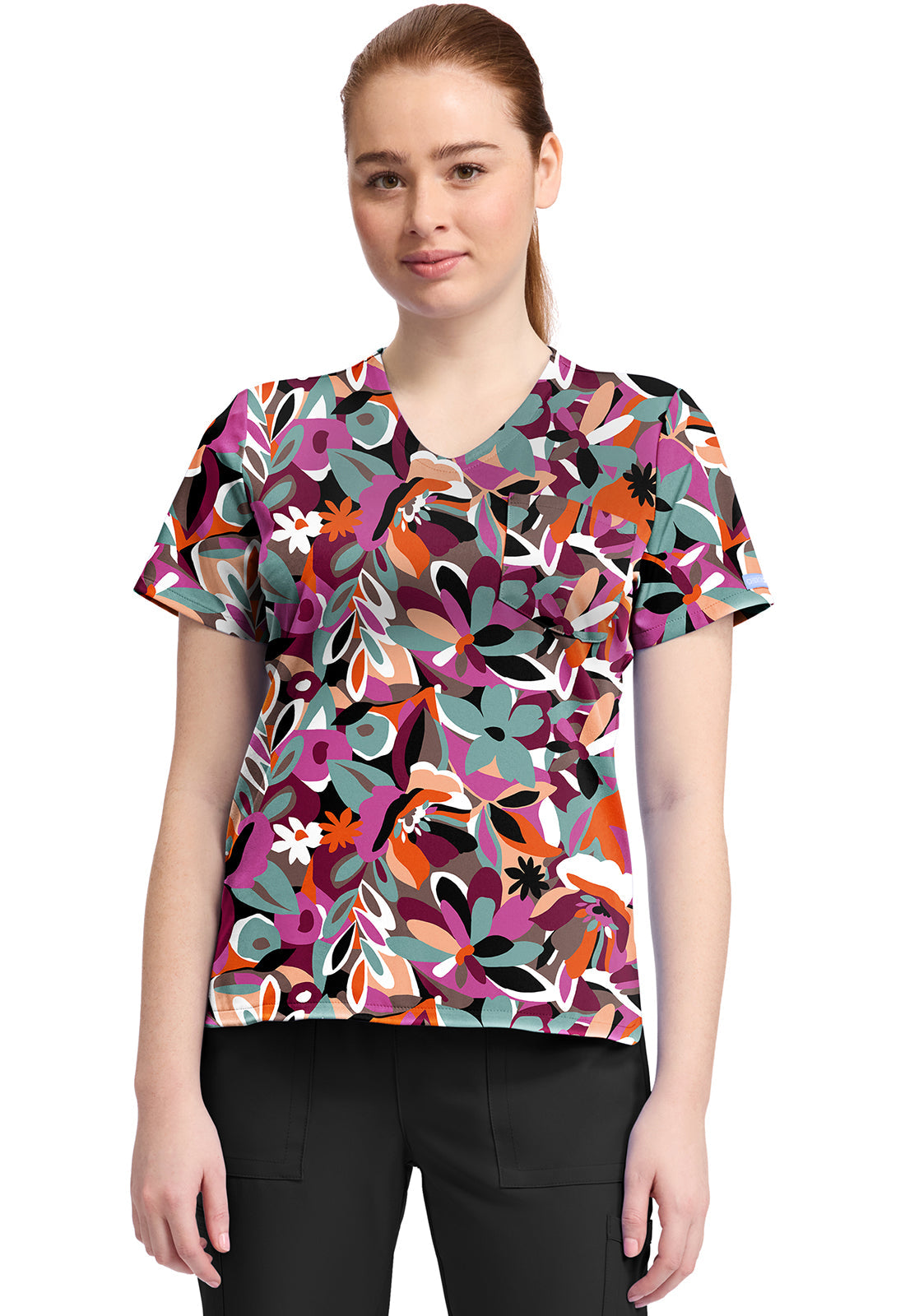 Cherokee Prints CK857 Women's High-Low V-Neck Top Cut Flowers