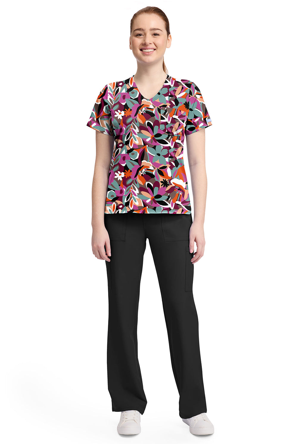 Cherokee Prints CK857 Women's High-Low V-Neck Top Cut Flowers