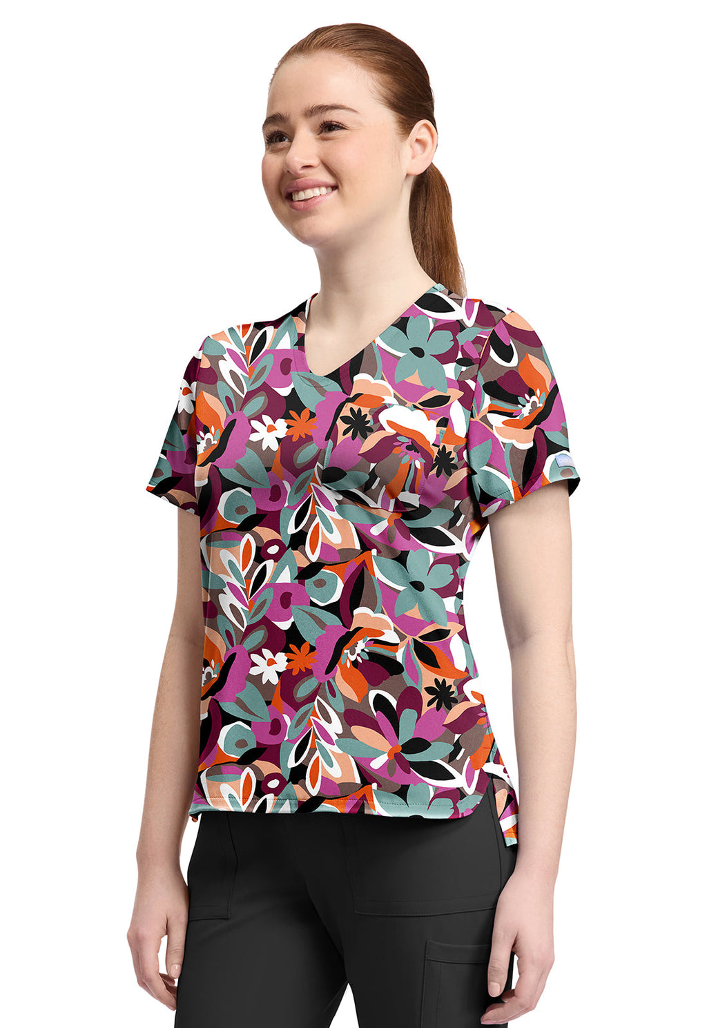 Cherokee Prints CK857 Women's High-Low V-Neck Top Cut Flowers