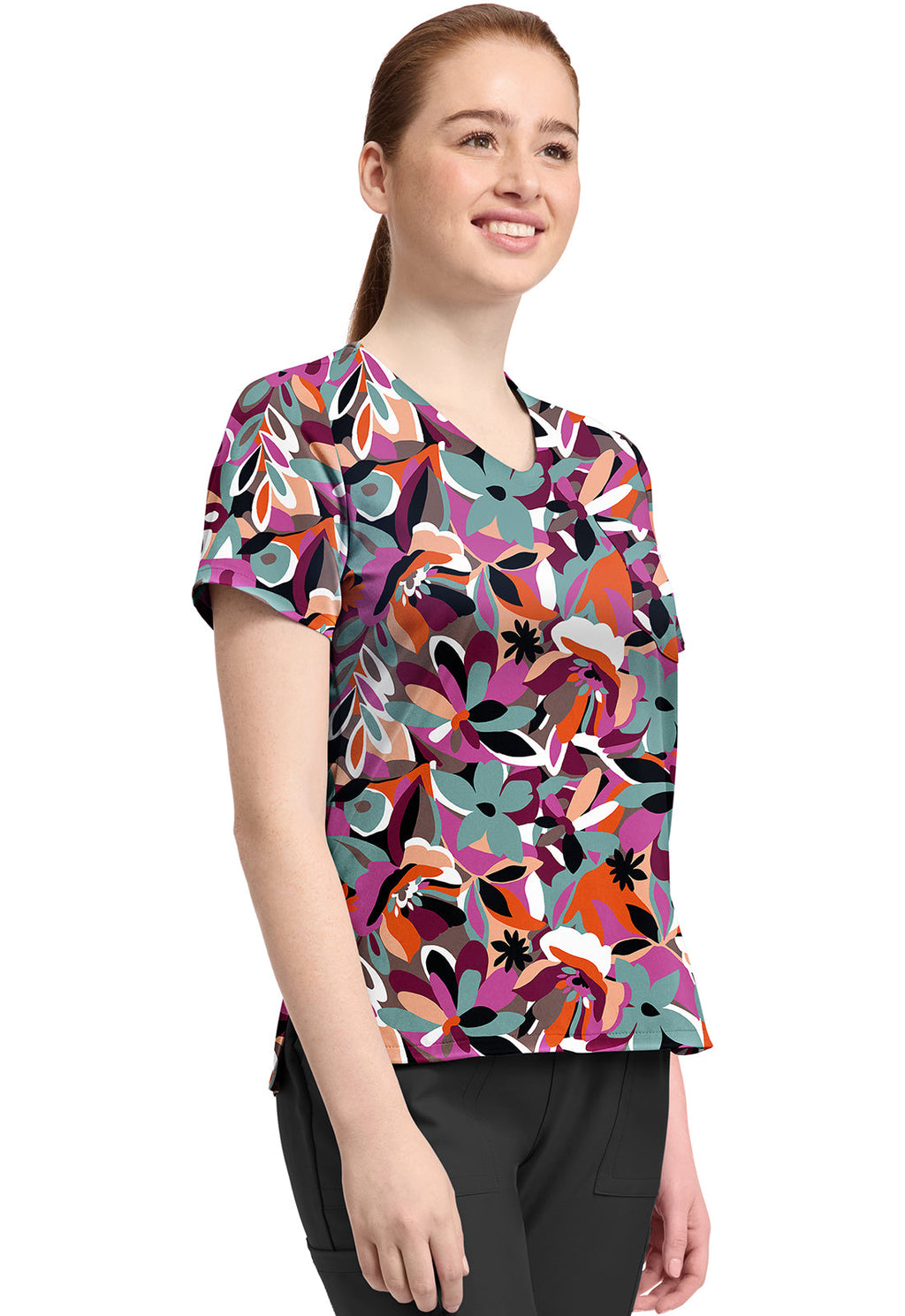 Cherokee Prints CK857 Women's High-Low V-Neck Top Cut Flowers