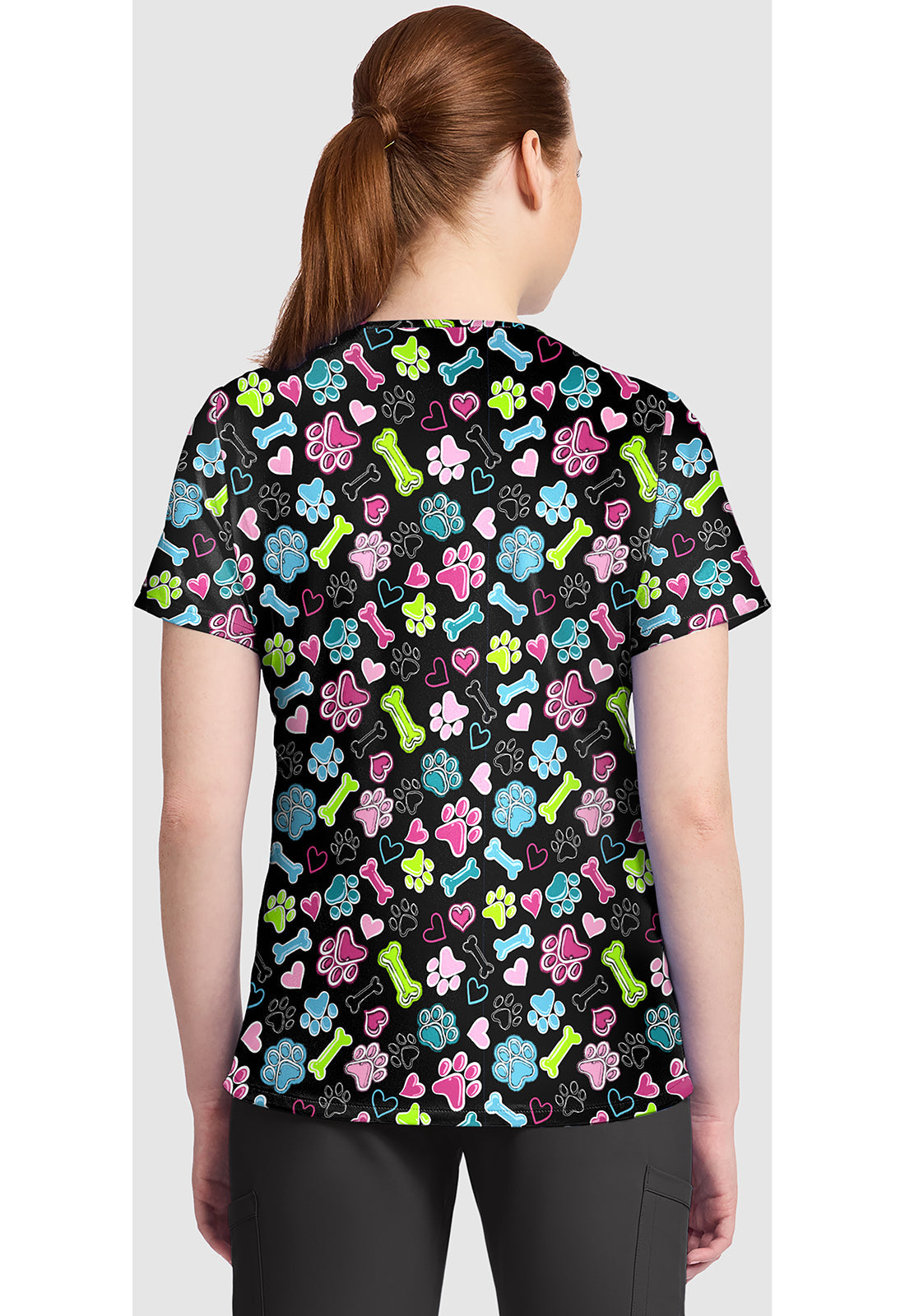 Genuine CK857 Women's High-Low V-Neck Scrub Top Doggy Doodle