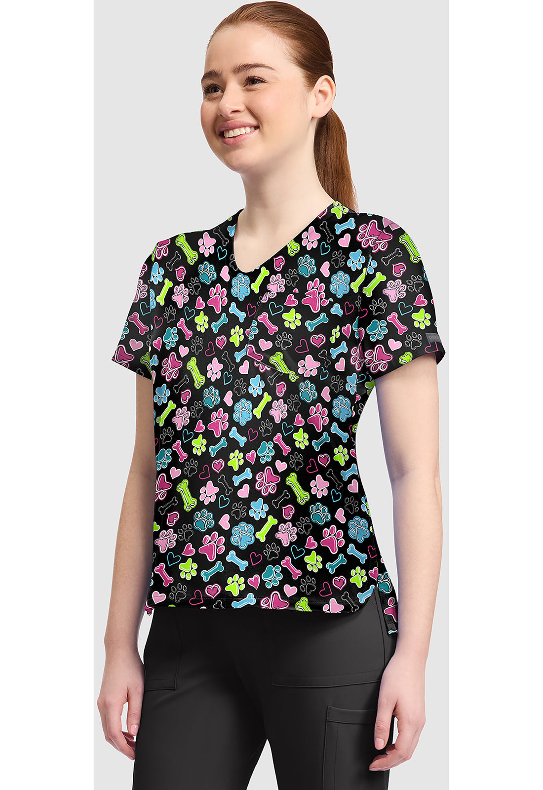 Genuine CK857 Women's High-Low V-Neck Scrub Top Doggy Doodle