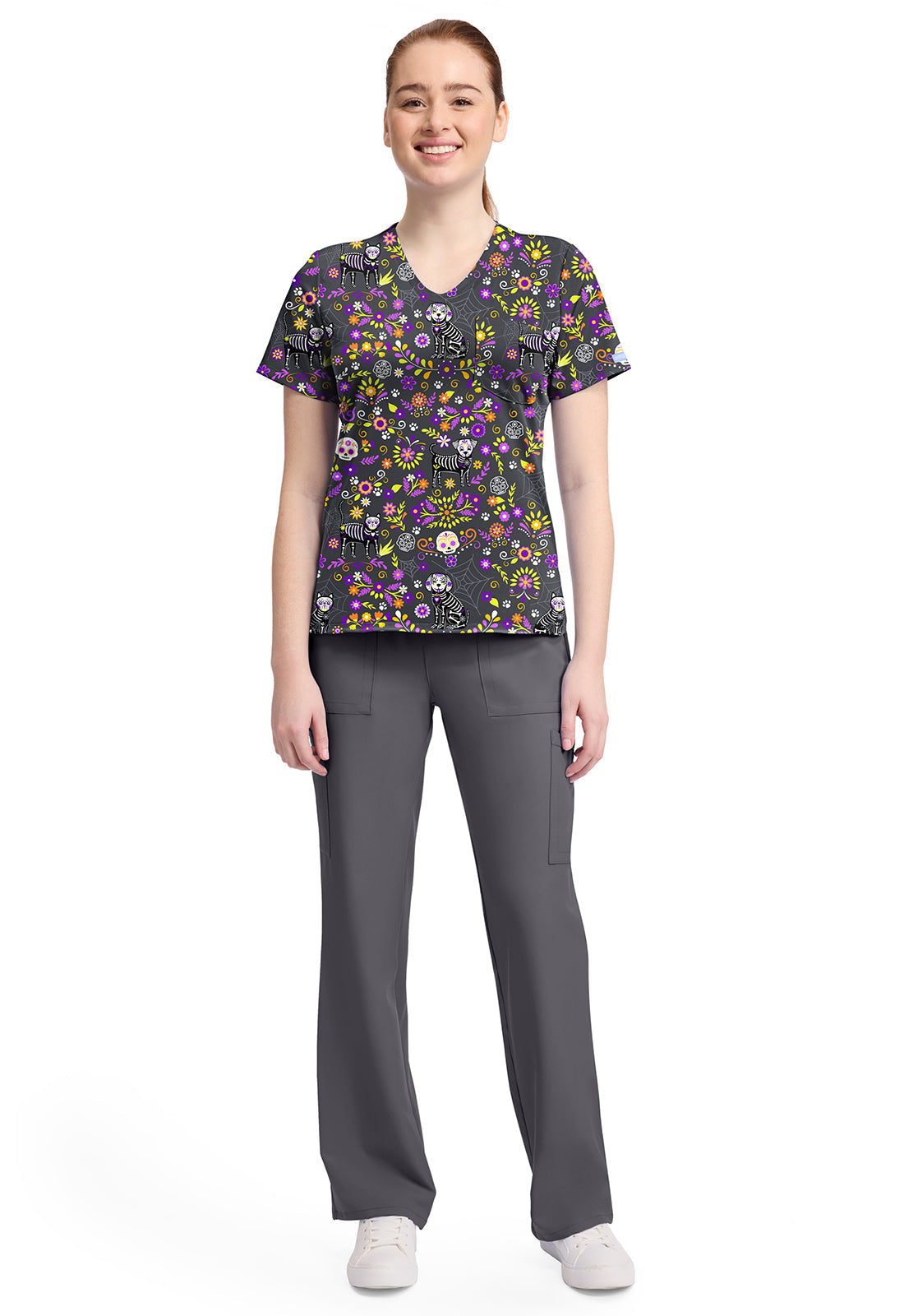 Cherokee Prints CK857 Women's High-Low V-Neck Top Day Of The Pets