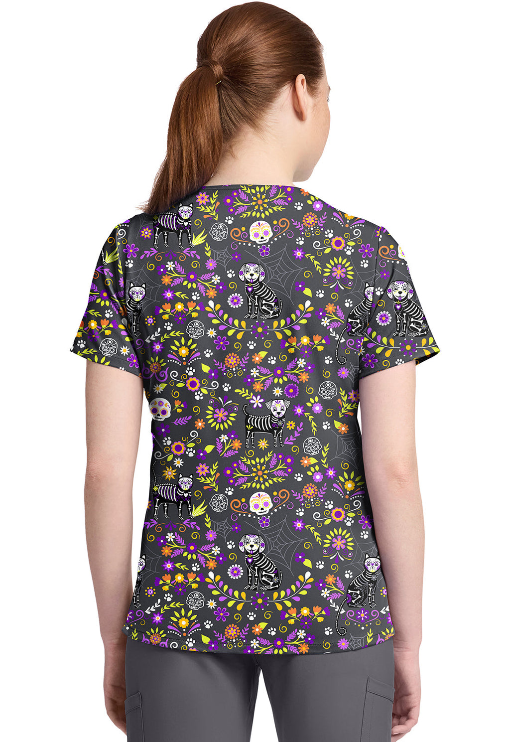 Cherokee Prints CK857 Women's High-Low V-Neck Top Day Of The Pets