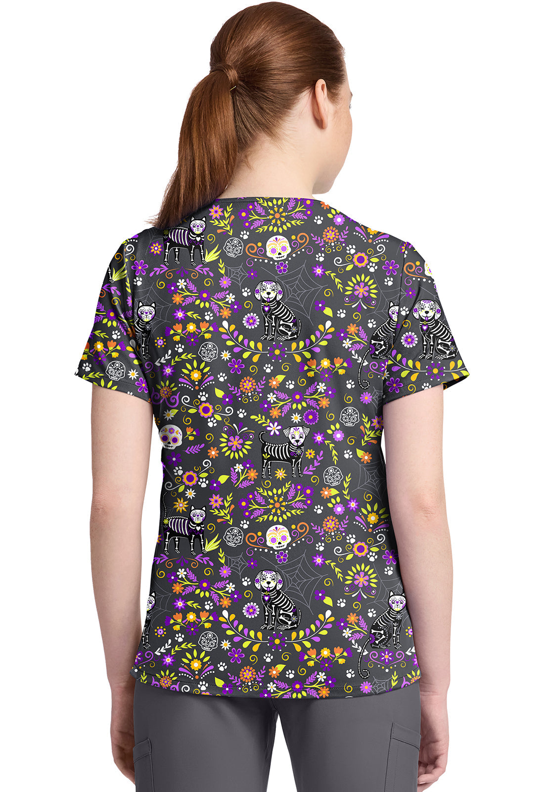 Cherokee Prints CK857 Women's High-Low V-Neck Top Day Of The Pets