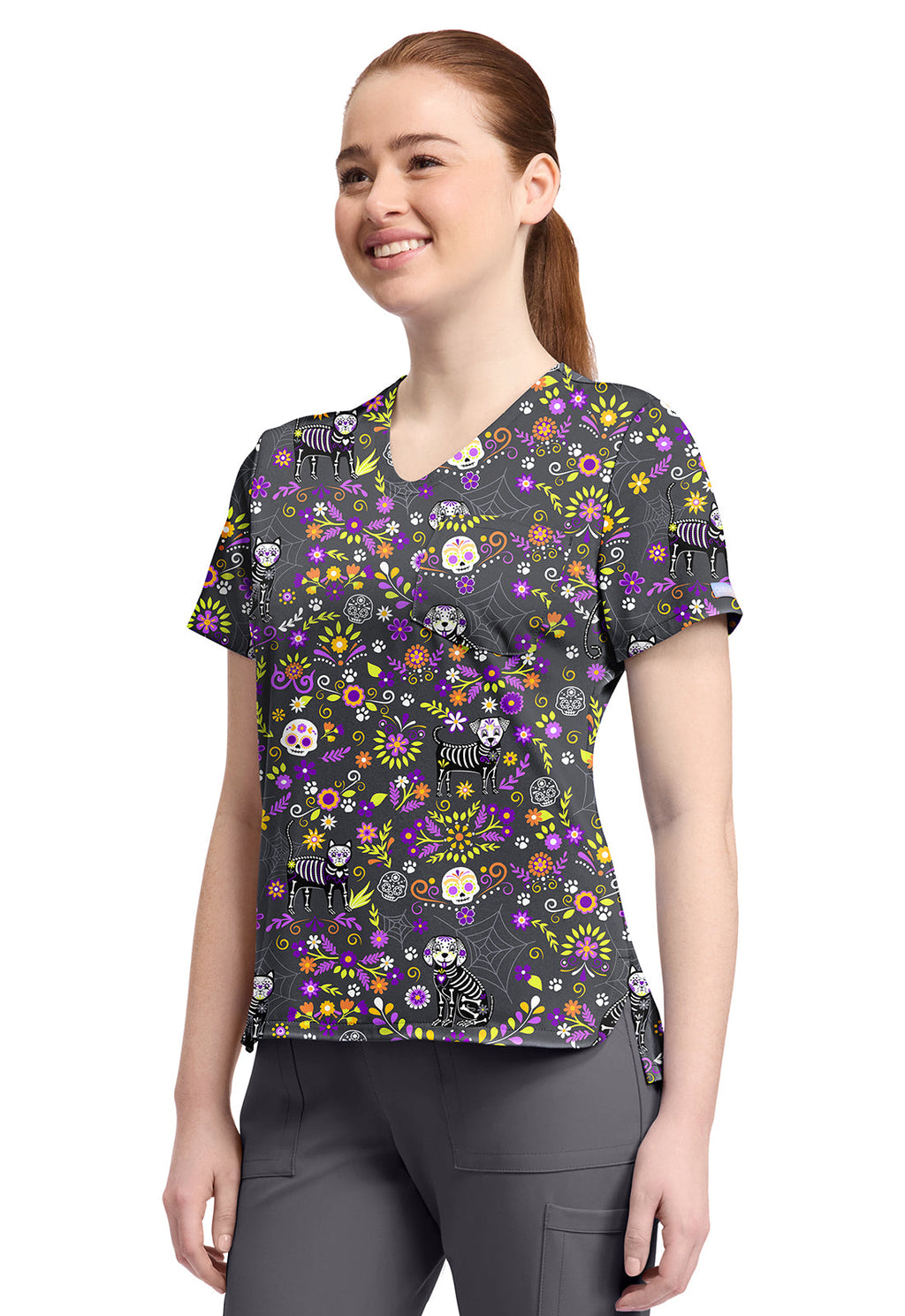 Cherokee Prints CK857 Women's High-Low V-Neck Top Day Of The Pets