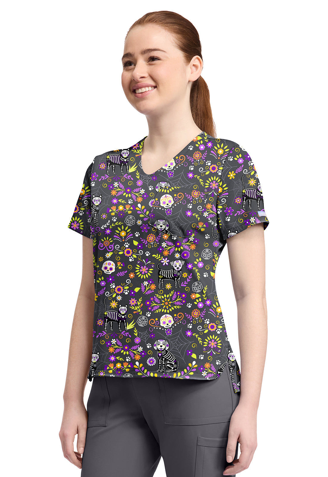 Cherokee Prints CK857 Women's High-Low V-Neck Top Day Of The Pets