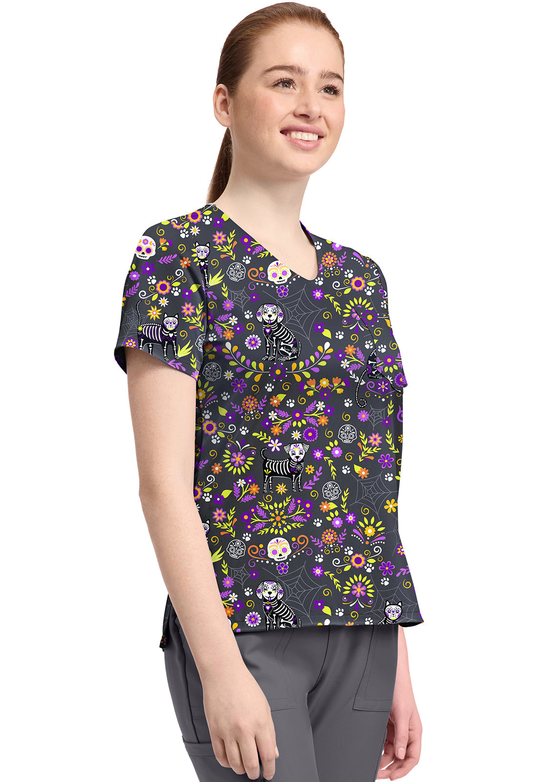 Cherokee Prints CK857 Women's High-Low V-Neck Top Day Of The Pets