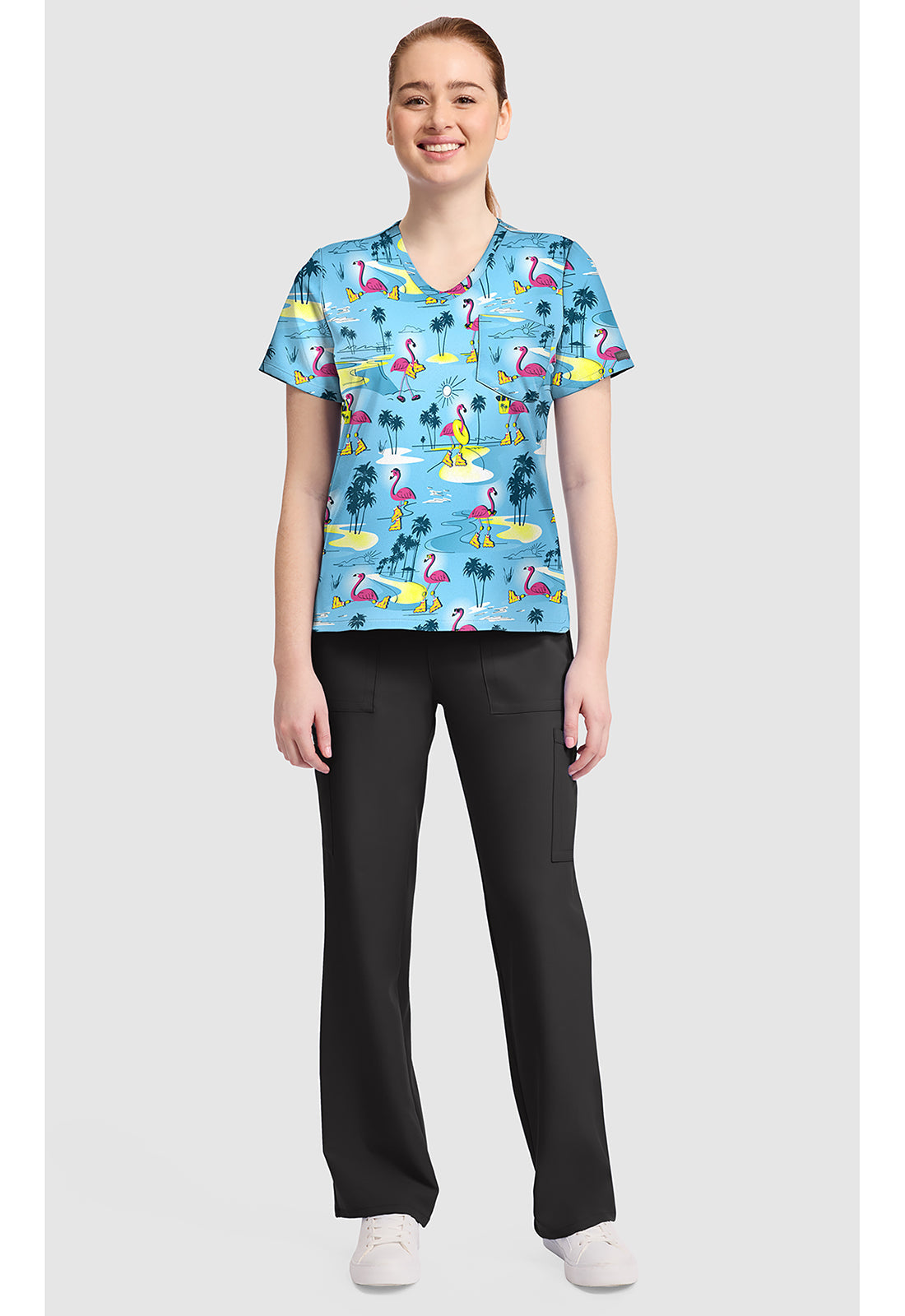 Genuine CK857 Women's High-Low V-Neck Scrub Top Flamazing Skaters