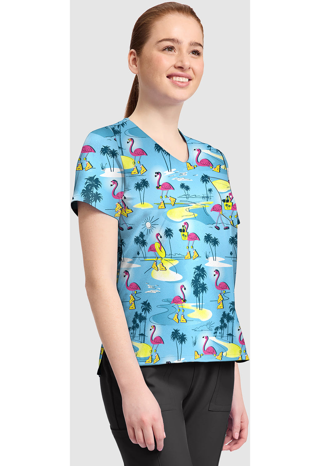 Genuine CK857 Women's High-Low V-Neck Scrub Top Flamazing Skaters