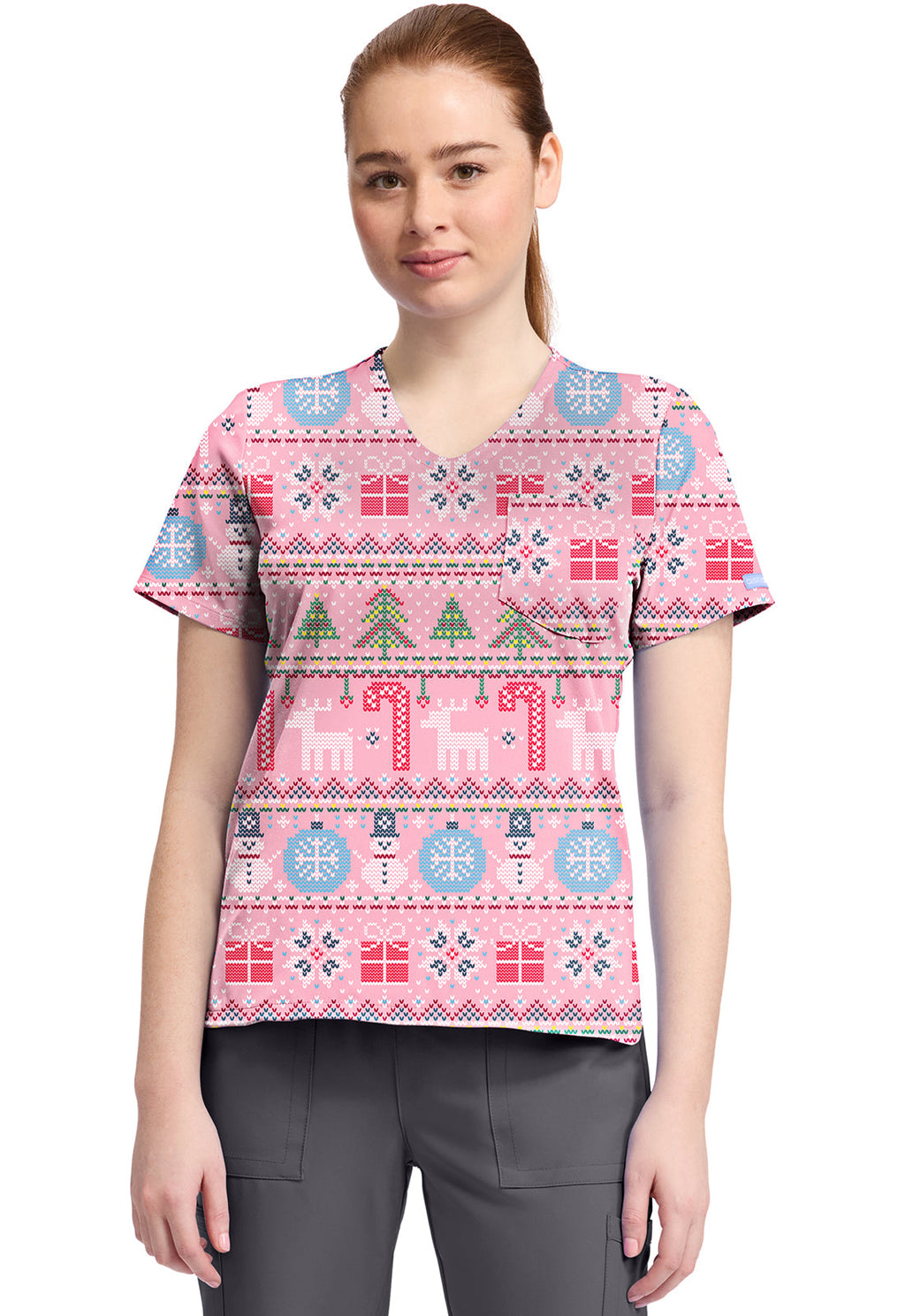 Cherokee Prints CK857 Women's High-Low V-Neck Top Festive Fair Isle