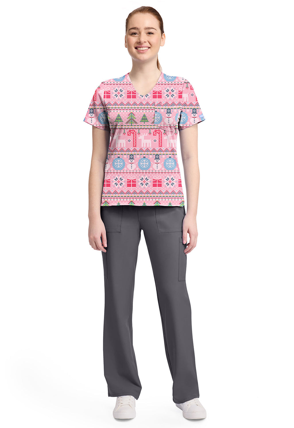 Cherokee Prints CK857 Women's High-Low V-Neck Top Festive Fair Isle