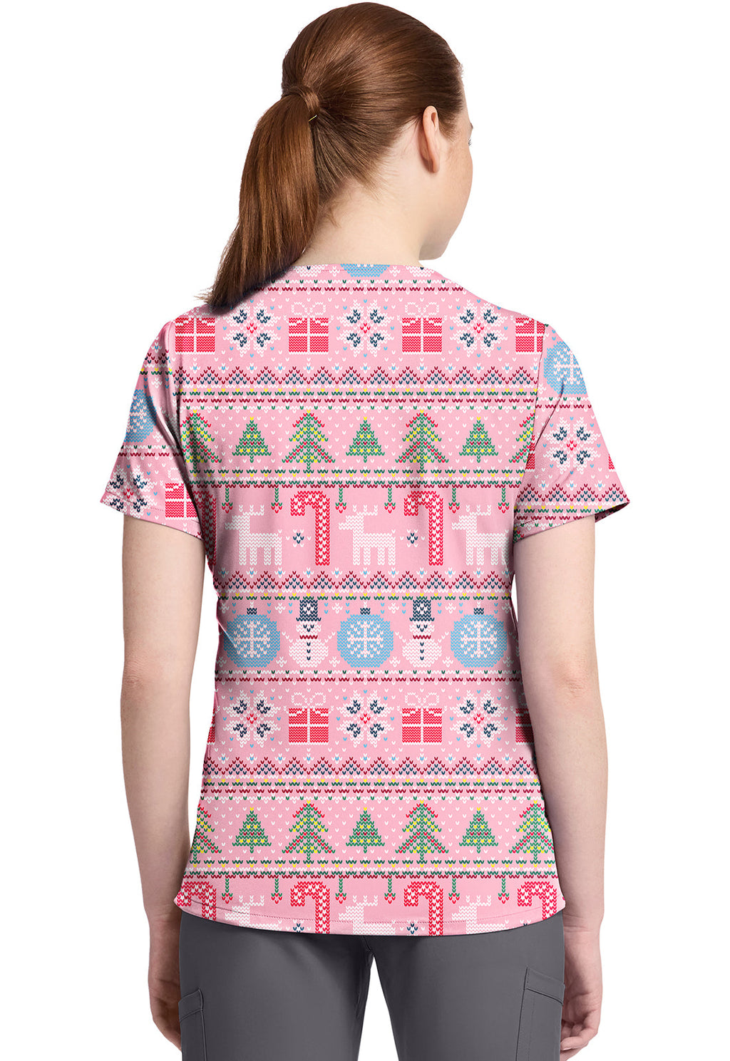 Cherokee Prints CK857 Women's High-Low V-Neck Top Festive Fair Isle