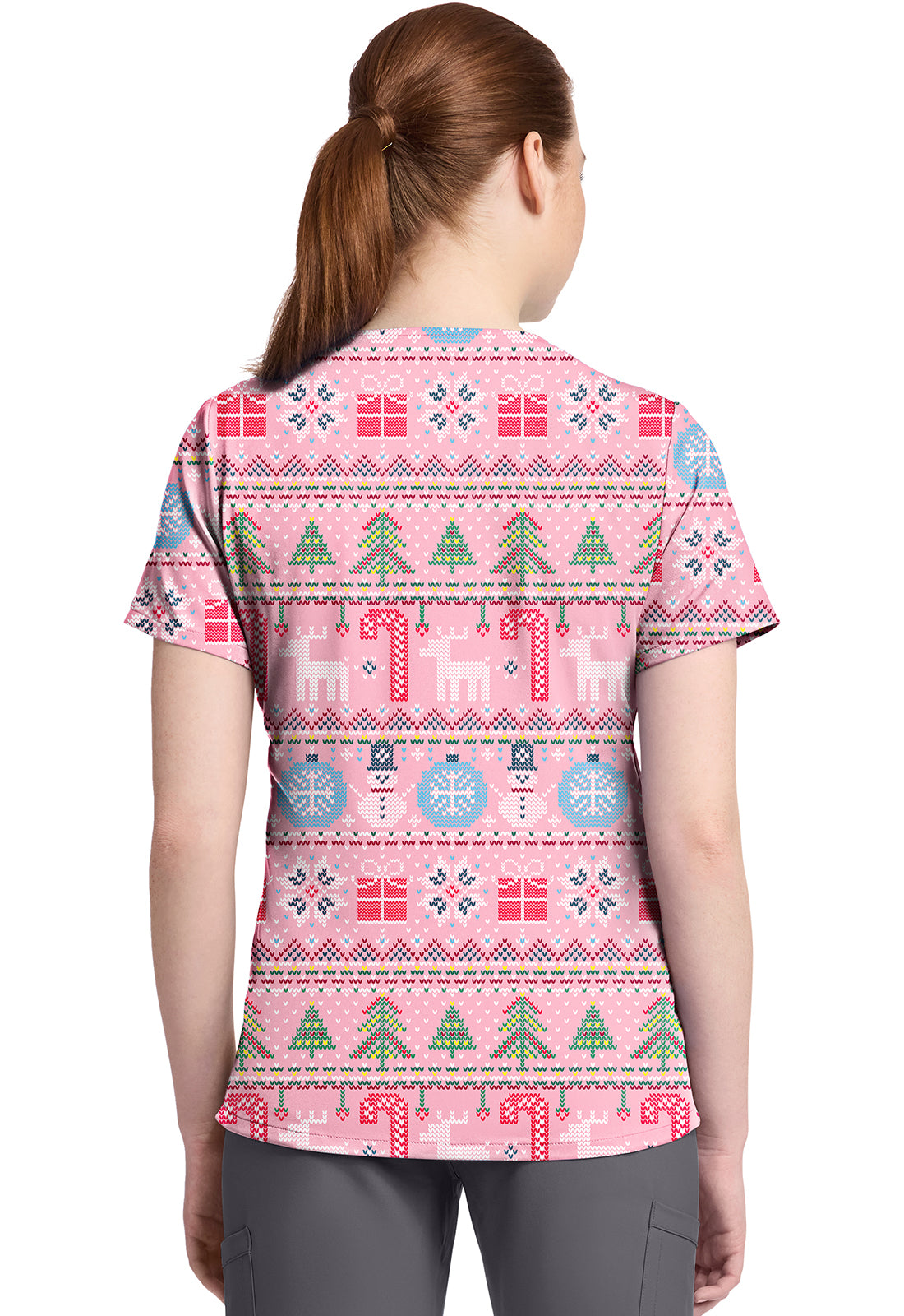 Cherokee Prints CK857 Women's High-Low V-Neck Top Festive Fair Isle