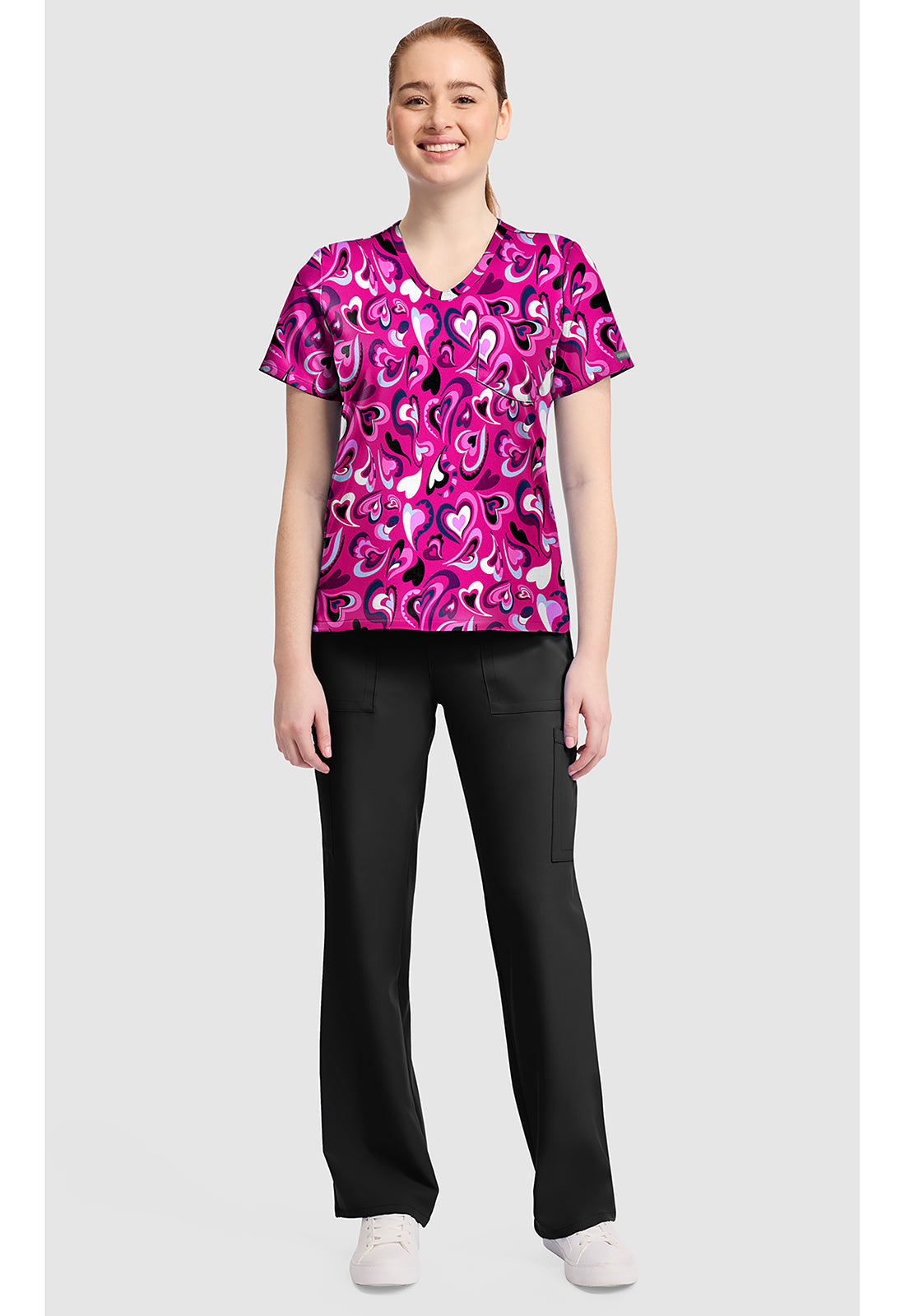 Genuine CK857 Women's High-Low V-Neck Scrub Top Pretty Hearts