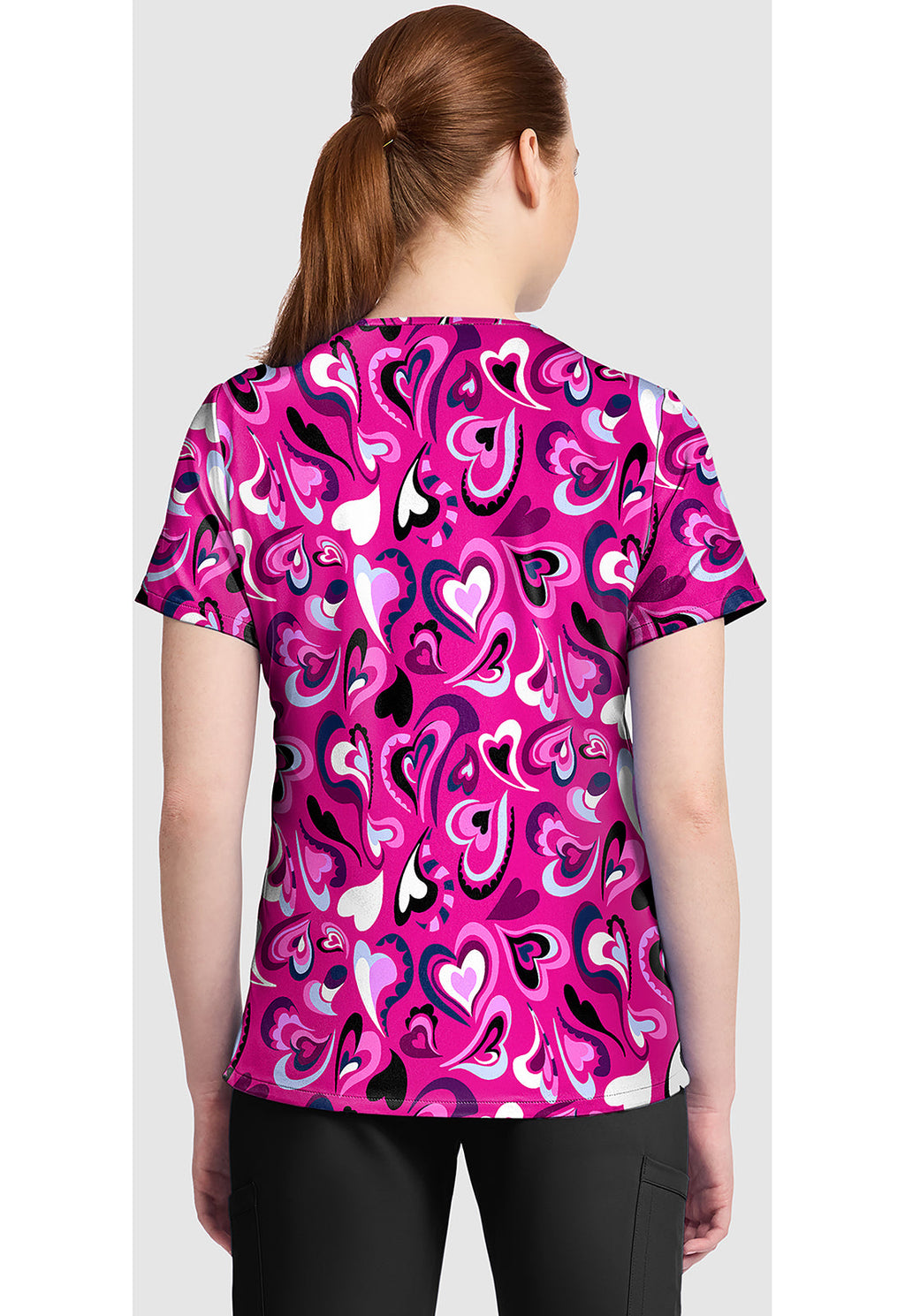 Genuine CK857 Women's High-Low V-Neck Scrub Top Pretty Hearts