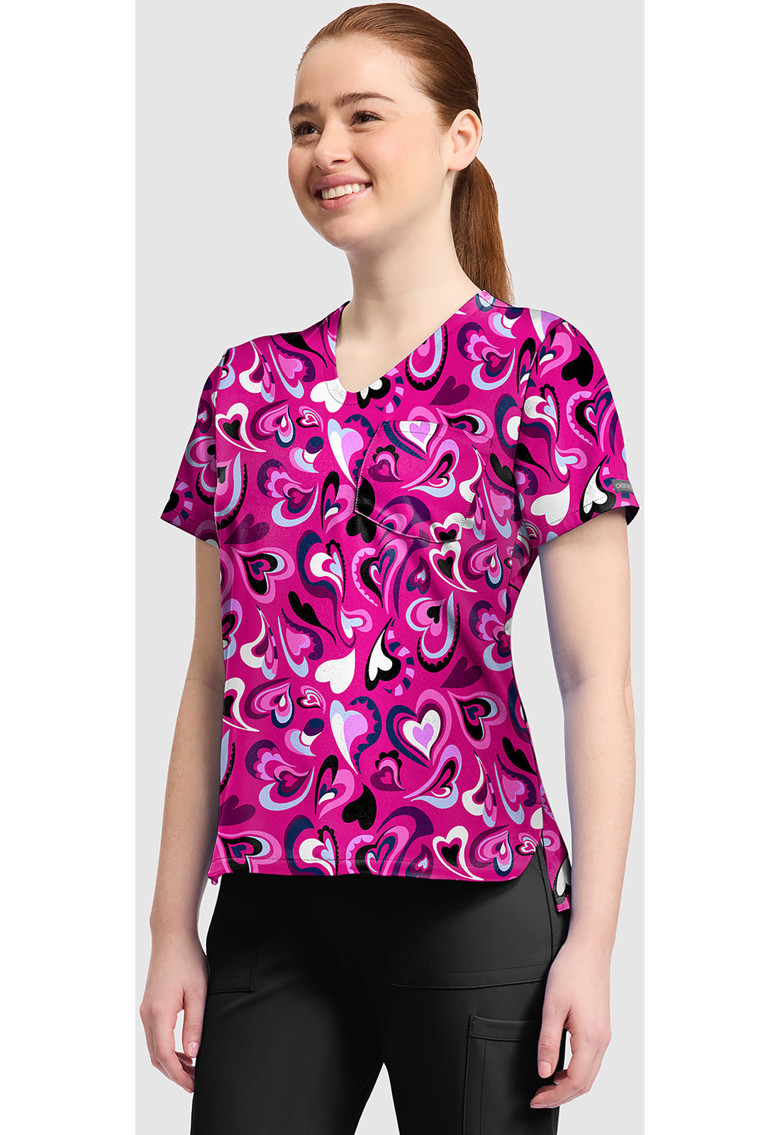 Genuine CK857 Women's High-Low V-Neck Scrub Top Pretty Hearts