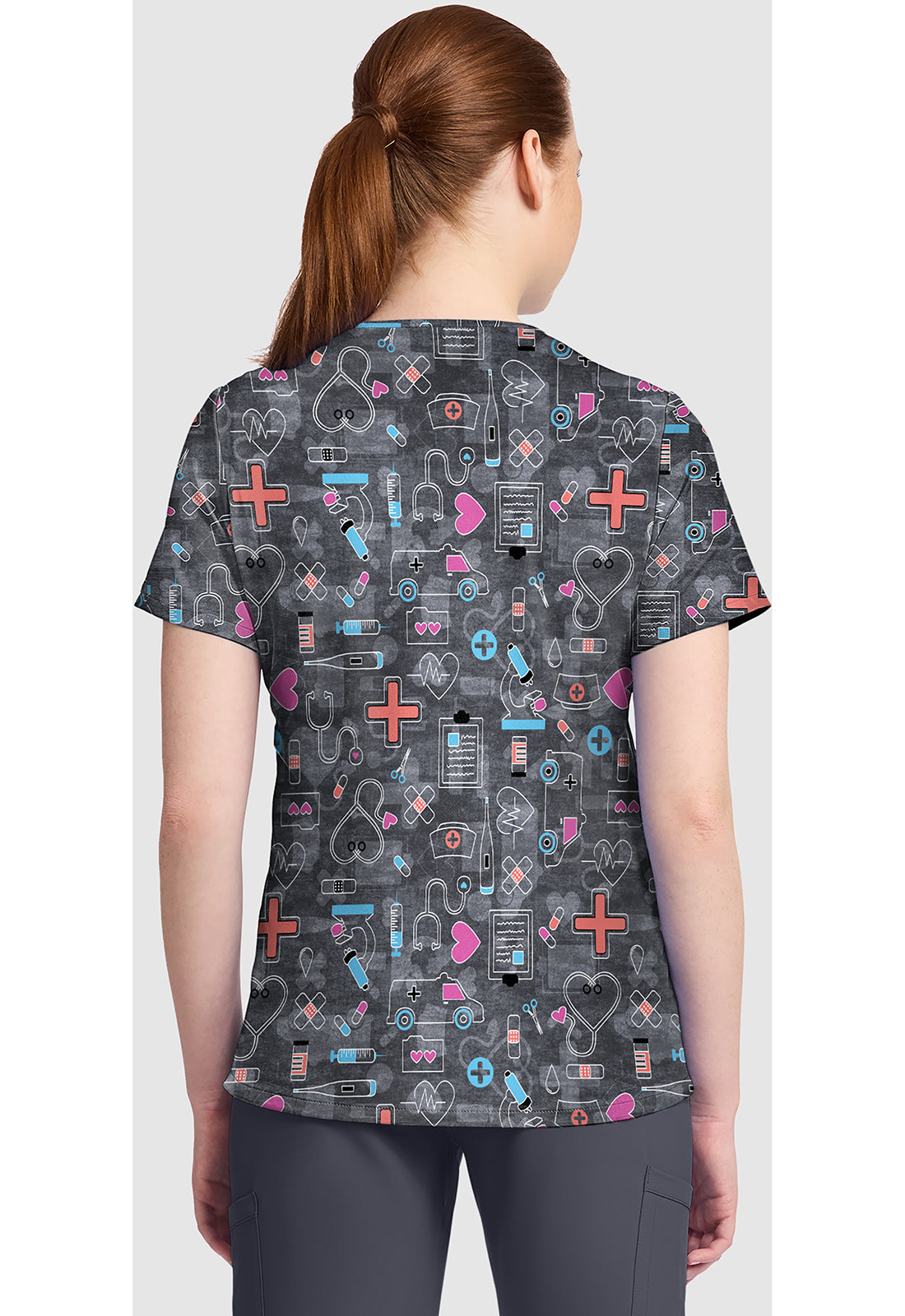 Genuine CK857 Women's High-Low V-Neck Scrub Top Wellness Icons