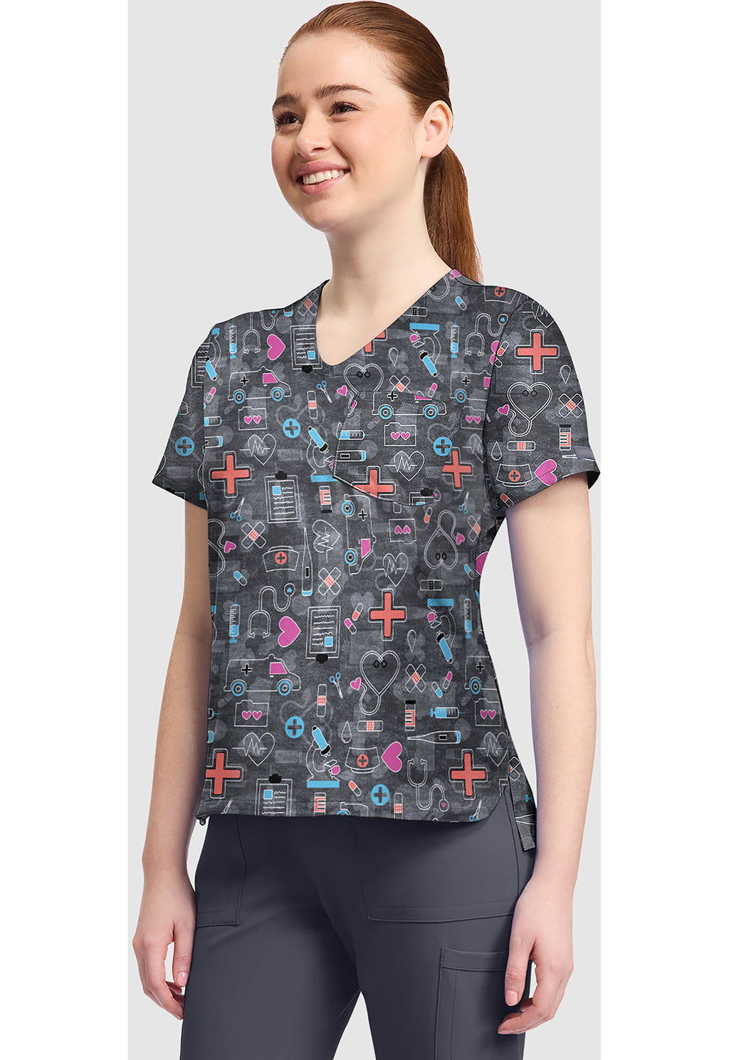 Genuine CK857 Women's High-Low V-Neck Scrub Top Wellness Icons