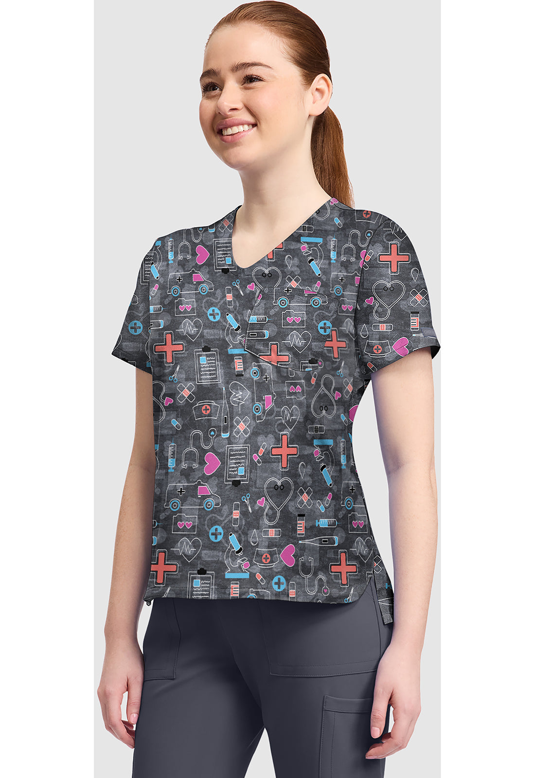 Genuine CK857 Women's High-Low V-Neck Scrub Top Wellness Icons