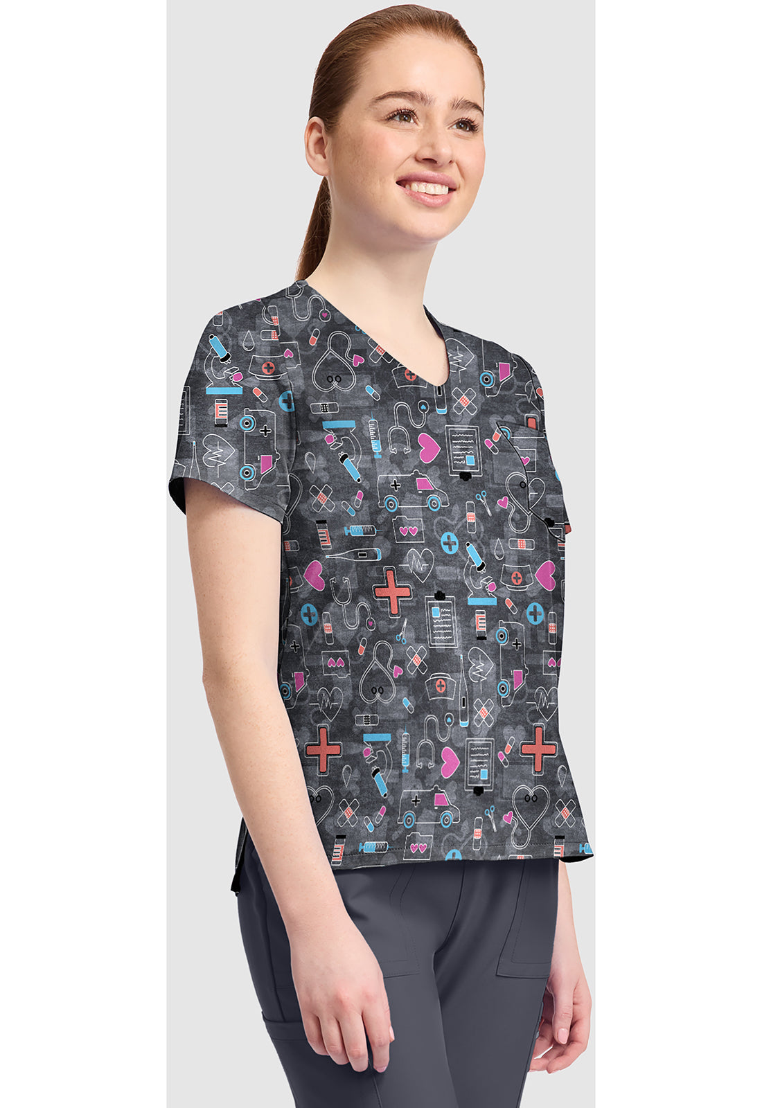 Genuine CK857 Women's High-Low V-Neck Scrub Top Wellness Icons