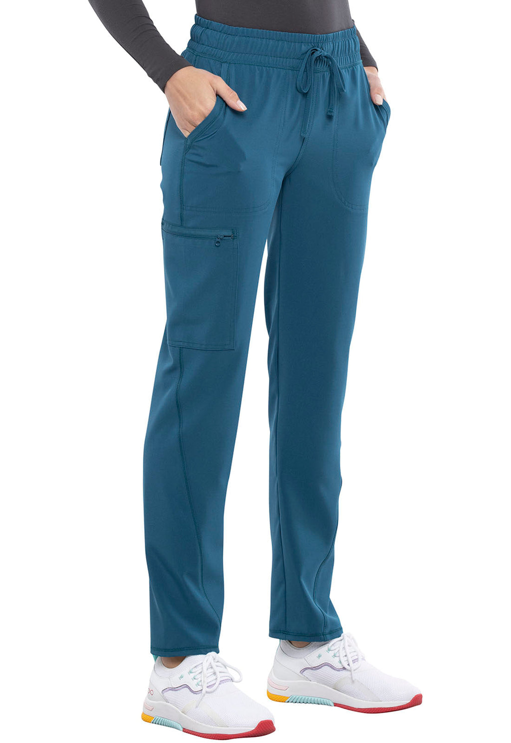 Allura CKA184 Mid Rise Drawstring Tapered Leg Pants Caribbean Blue Model Image Left Side | Cherokee