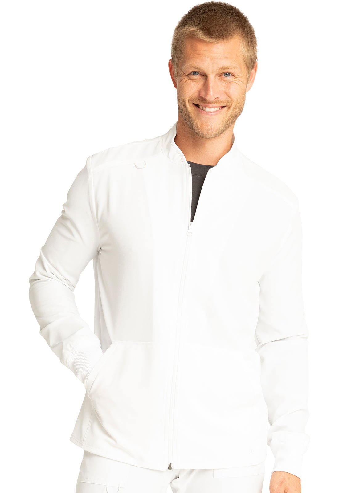 Allura CKA387 Men's Zip Front Jacket White Model Image Front | Cherokee