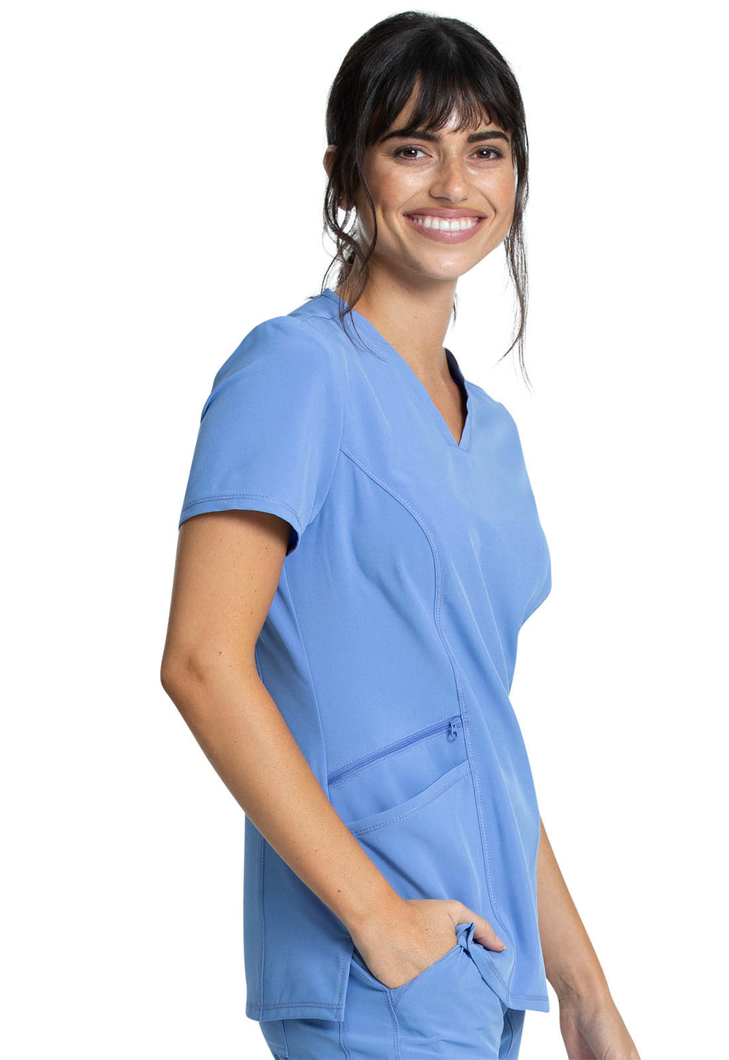 Allura CKA684 V-Neck Top Ciel Model Image Left Side | Cherokee