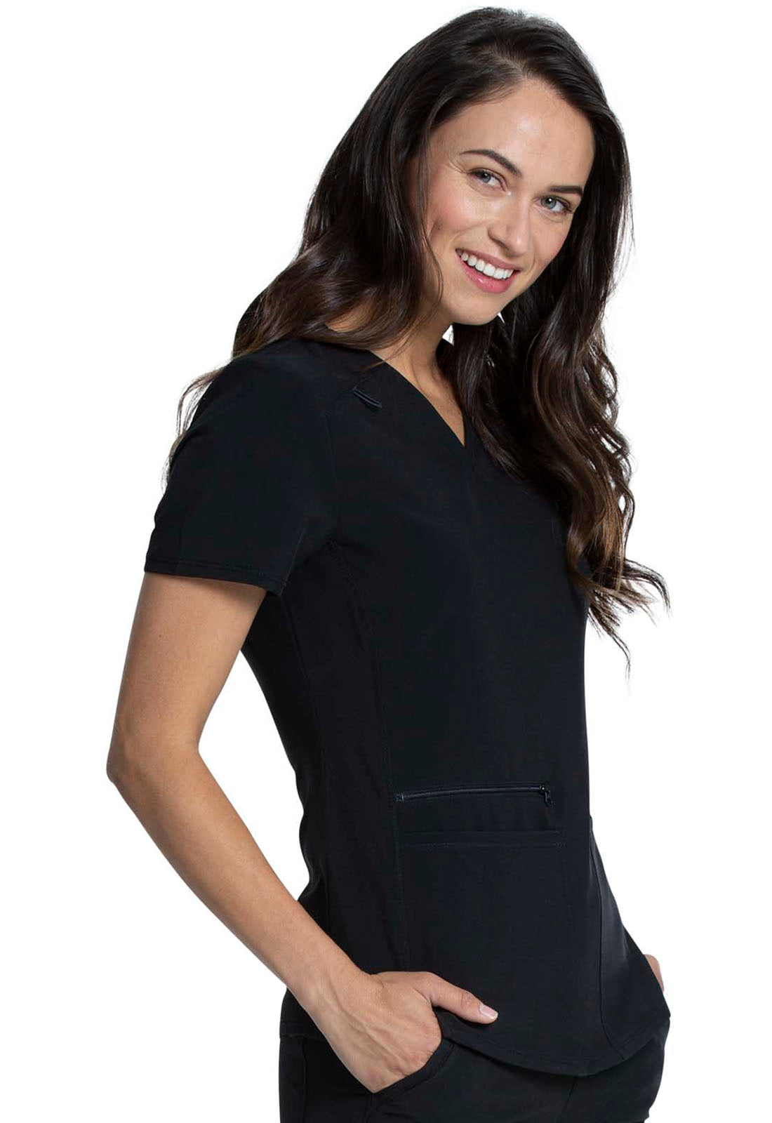 Allura CKA685 V-Neck Top Black Model Image Left Side | Cherokee