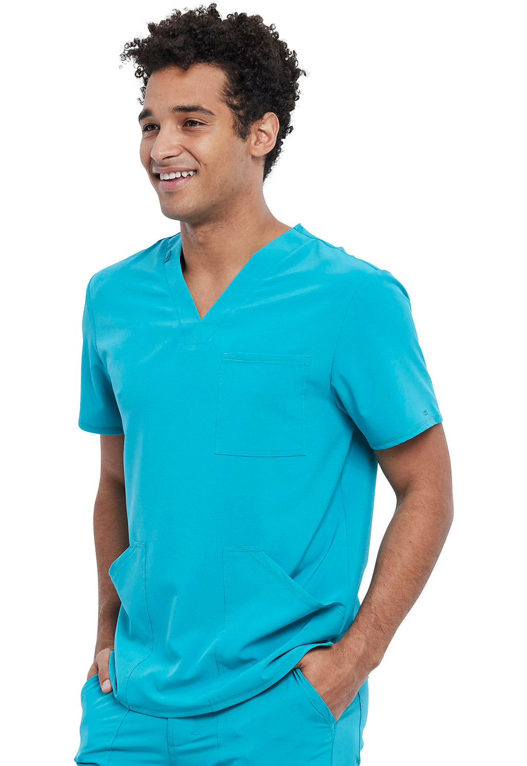 Allura CKA686 Men's V-Neck Top Teal Blue Model Image Right Side | Cherokee