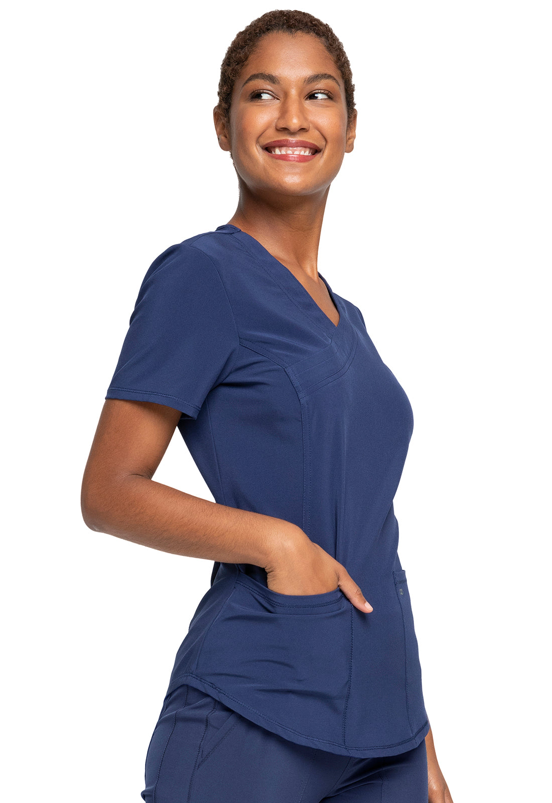 Allura CKA688 Mock Wrap Top Navy Model Image Left Side | Cherokee