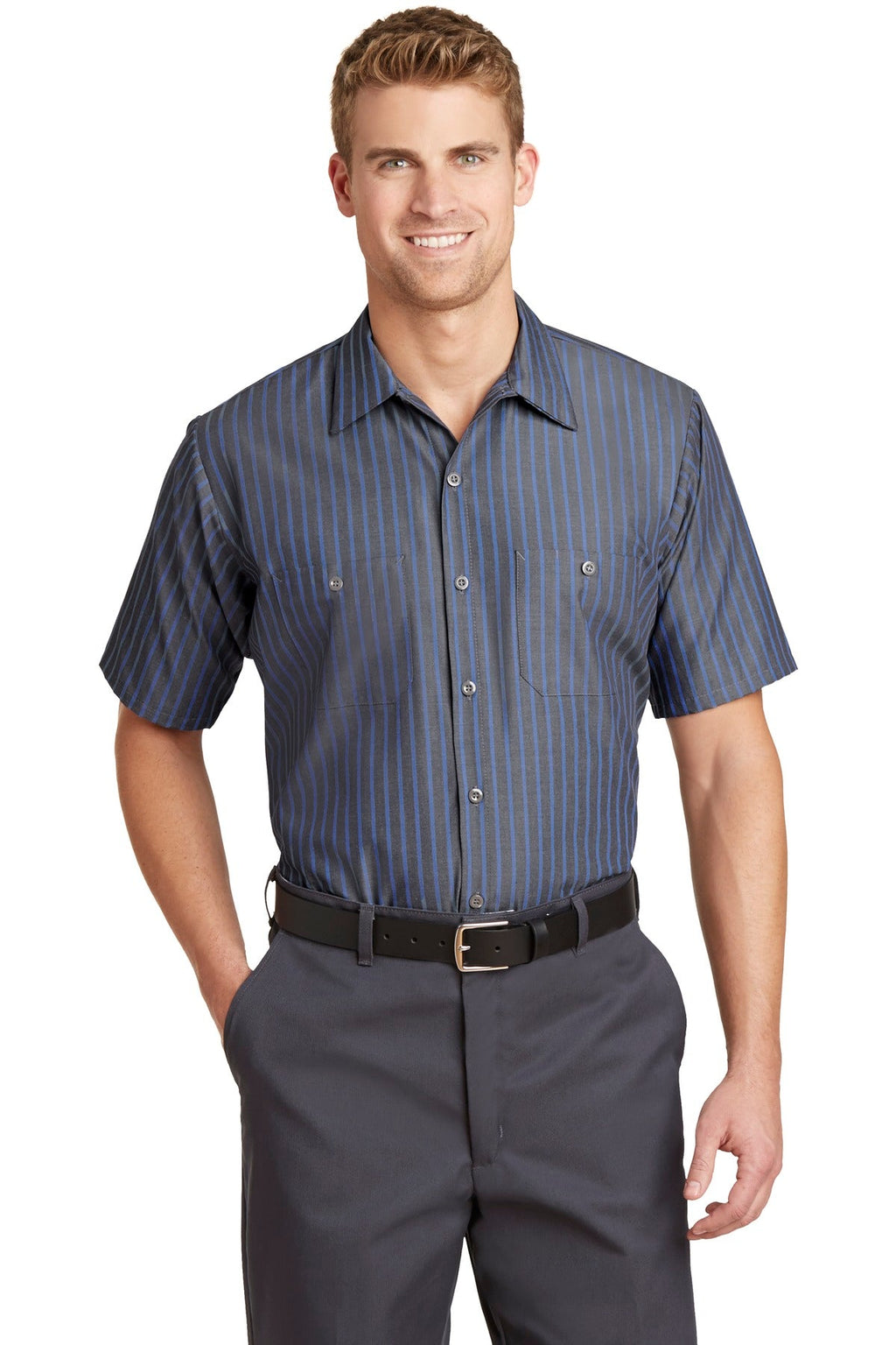 Red Kap Short Sleeve Striped Industrial Work Shirt CS20 Grey/Blue